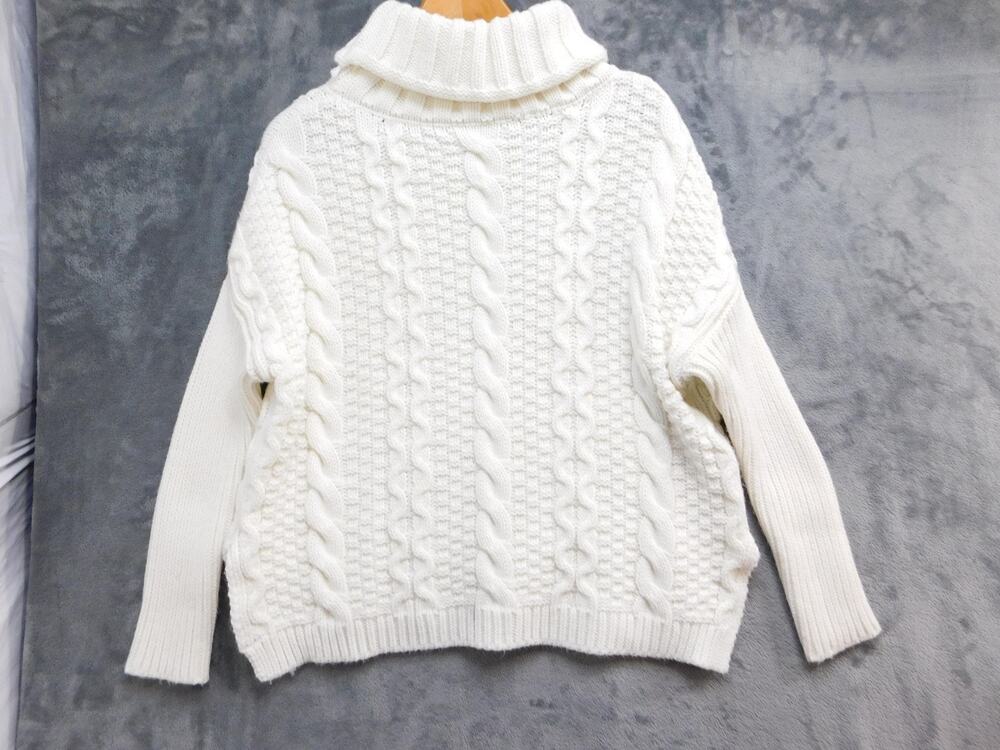Sweater Pullover Womens L White Turtleneck Cable-Knit Wool Blend Heavyweight
